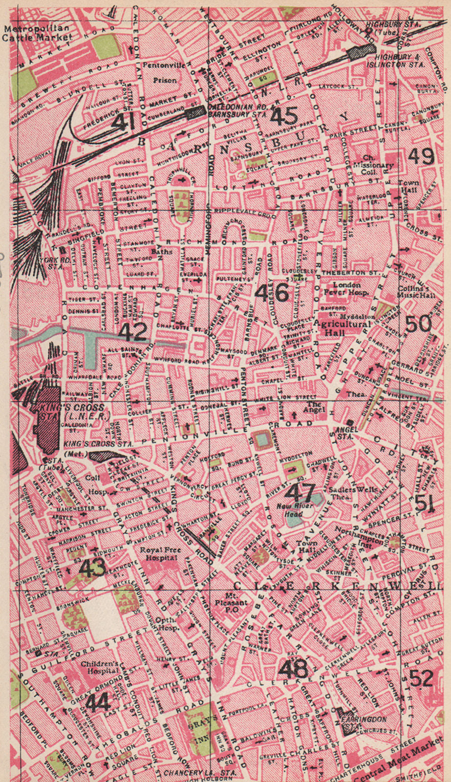 LONDON N. Islington Clerkenwell Barnsbury Farringdon Caledonian Road 1935 map